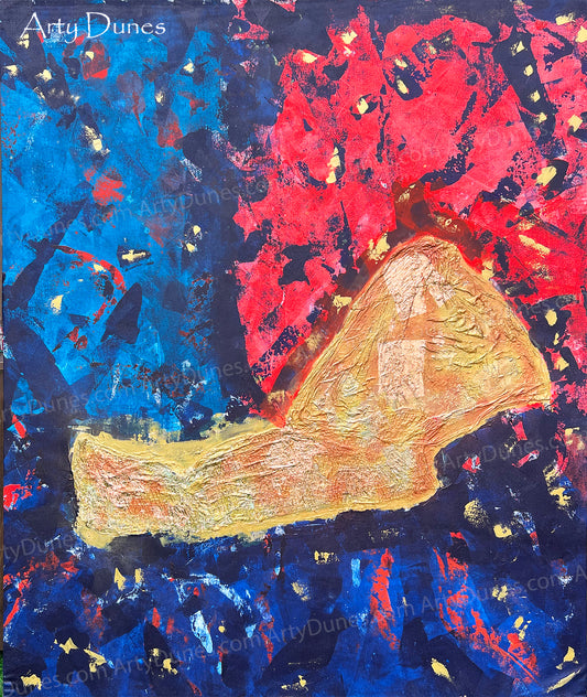 Large Canvas Painting "Golden Rock" 6 Feet | Blue Orange Red Strokes Impasto Heavy Texture Modern Contemporary Art Ms Puja Sarin