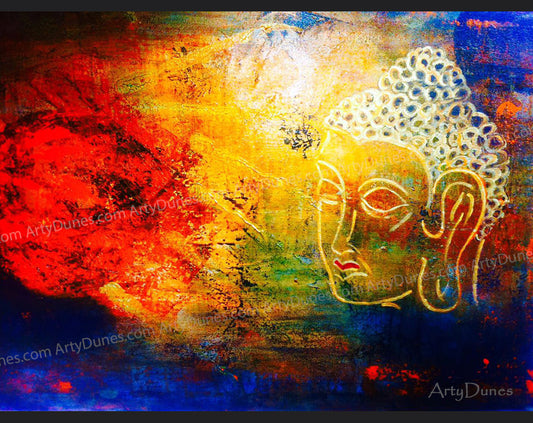 The Enlightenment: Contour Artwork OF Buddha | Canvas Art Blue Golden Outline Blue Red Background | Ms Puja Sarin